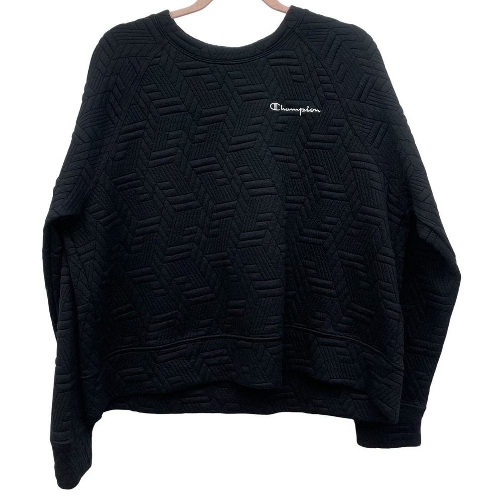 Champion Cropped Sweatshirt Large Black‎ Textured Crewneck Logo
